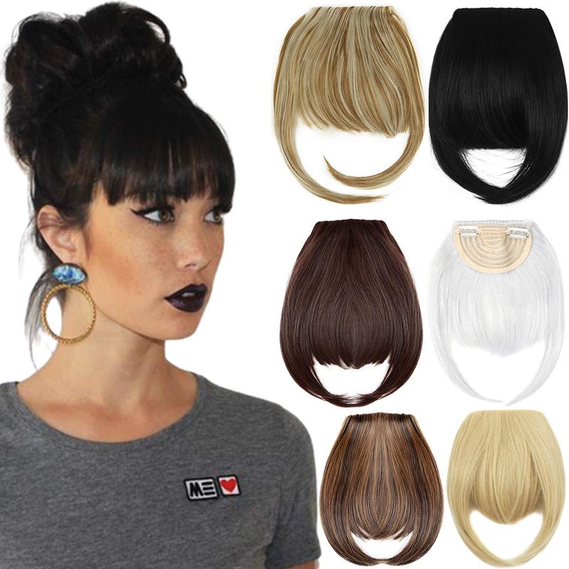 SLLIE 8" Clip-in Bangs Hair Extensions - Thick, Full Neat Fringe with Temples - One Piece Clip-on Front Bangs Hairpiece - Image 1
